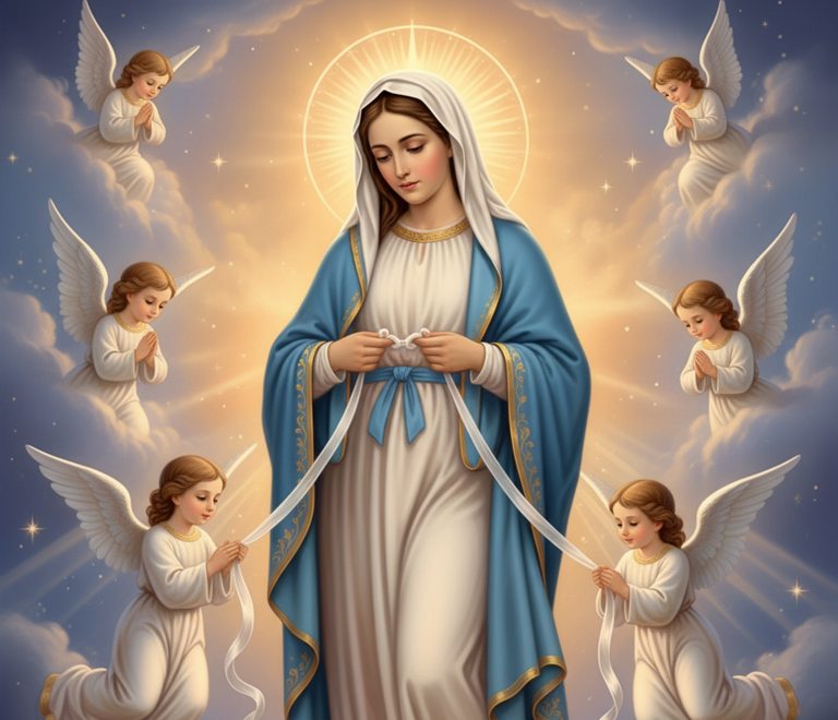 Nossa Senhora Desatadora dos Nós, cercada por anjos, desatando um nó em fita branca, num céu dourado e estrelado.